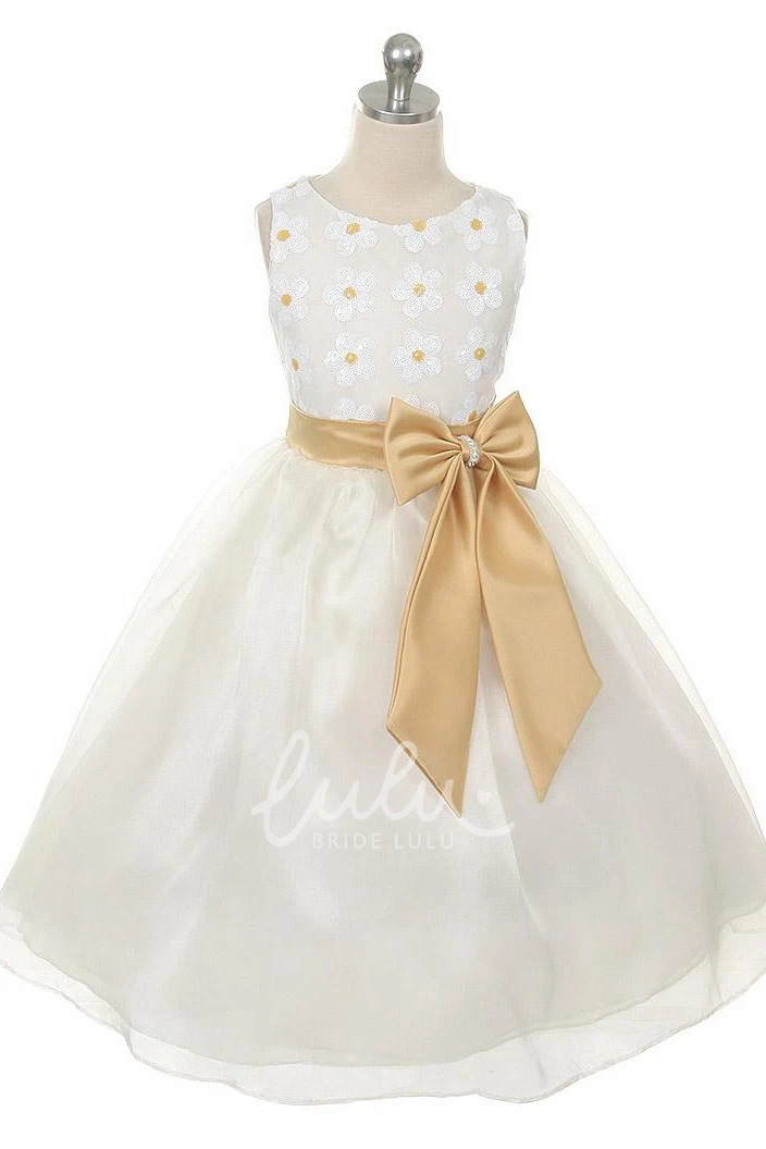 Bowed Lace & Sequins Flower Girl Dress with Tiers and Floral Print Tea-Length