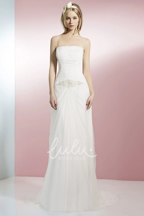 Long Jeweled Spaghetti Strap Wedding Dress with Draping and Low-V Back