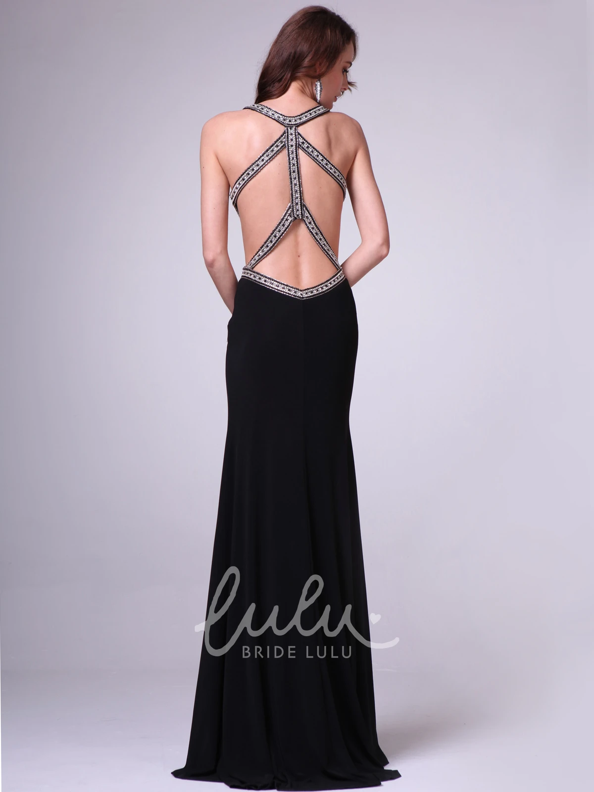 V-Neck Jersey Formal Dress with Split Front and Beading Sheath Straps Sleeveless