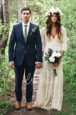 V-Neck Lace A-Line Wedding Dress with 3/4 Sleeves