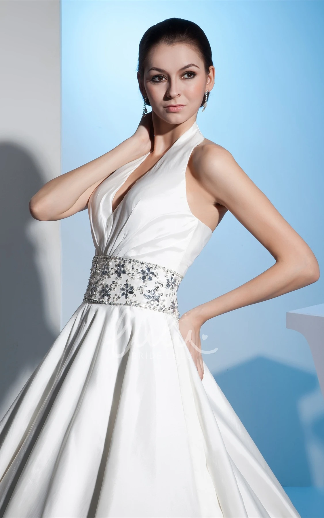 Sleeveless Satin Ball Gown Wedding Dress with Beaded Waist for Brides