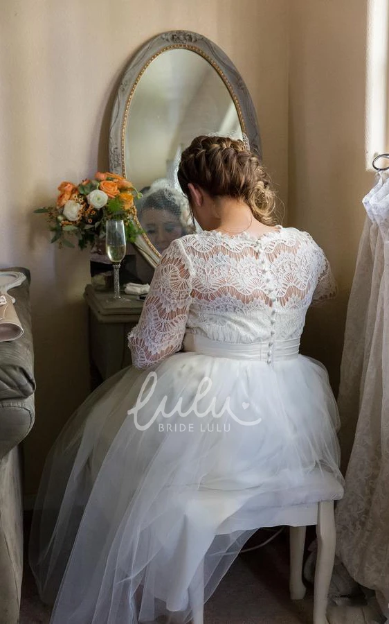 A-Line Tulle Lace Short Wedding Dress with Bell Sleeves