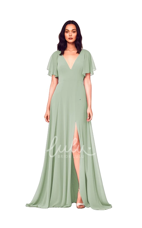 Modest A-Line Chiffon V-neck Bridesmaid Dress with Split Front Simple Wedding Dress