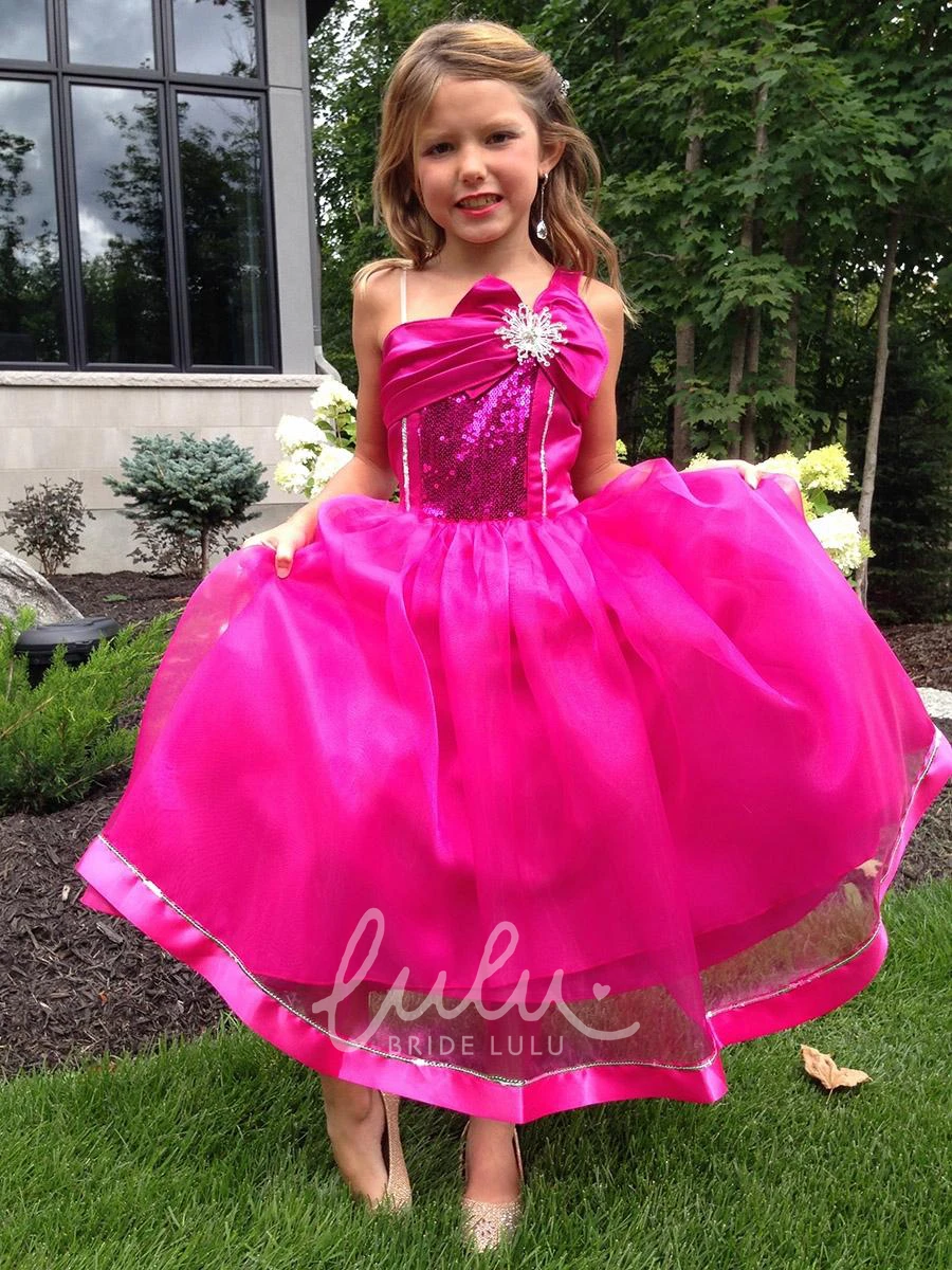 Sequin Broach Tea-Length Flower Girl Dress with Organza Sash Classy Prom Dress