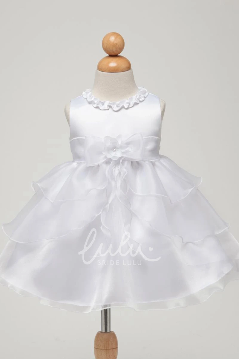 Bowed Tea-Length Organza&Satin Flower Girl Dress with Ruched Bodice