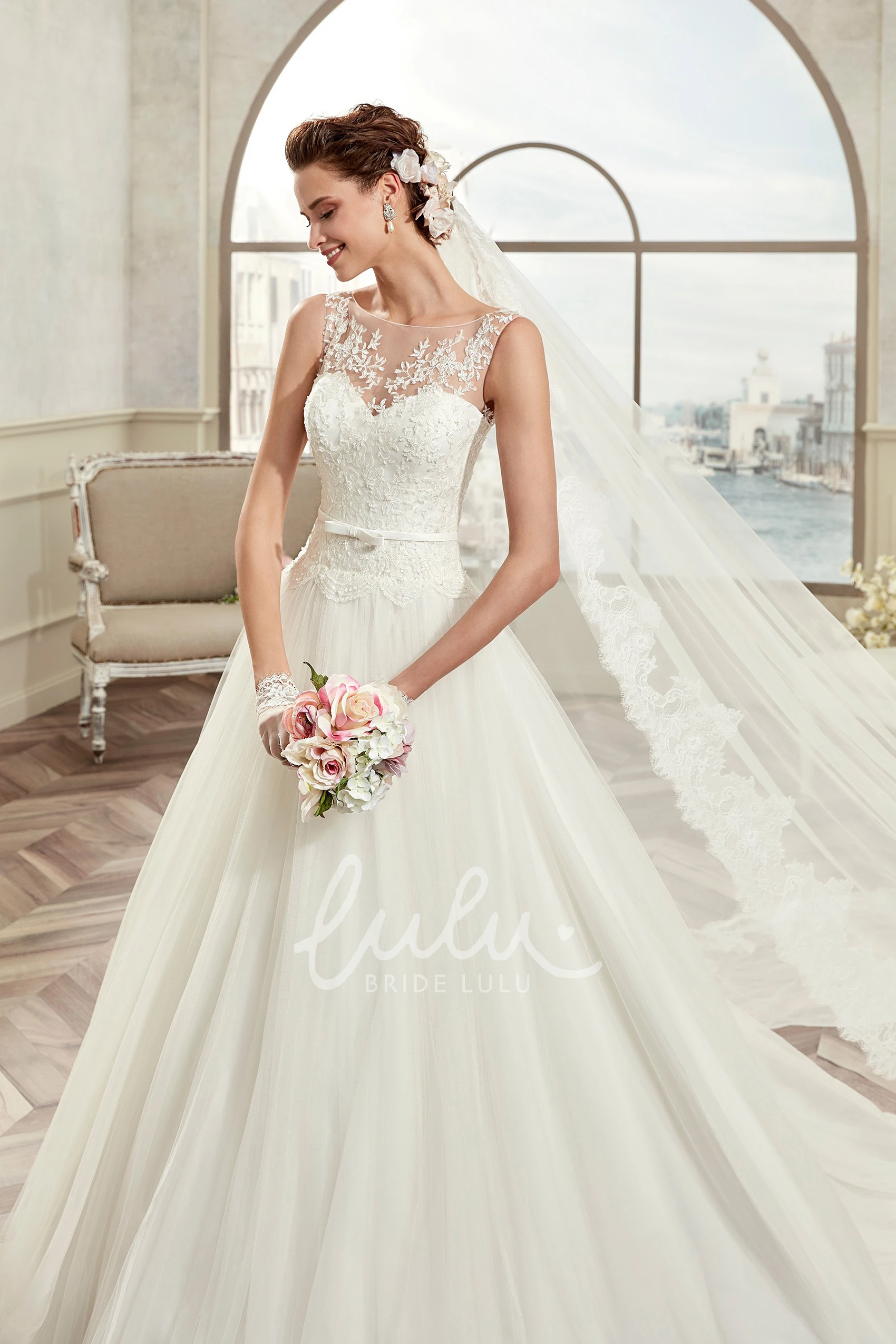 A-Line Bridal Gown with Puffy Skirt and Illusive Design Cap Sleeves
