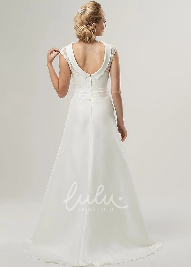 Cap-Sleeve Satin and Lace A-Line Wedding Dress with High Neck and Appliques