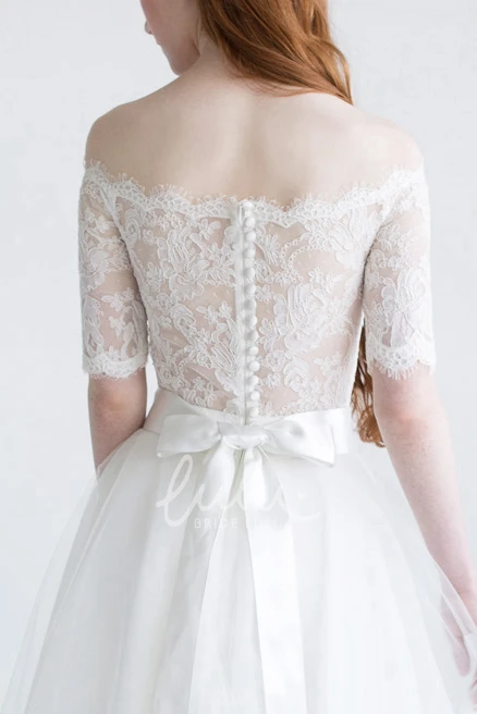 Ball Gown Tulle Satin Spring Wedding Dress Appliqued Off-The-Shoulder Bow