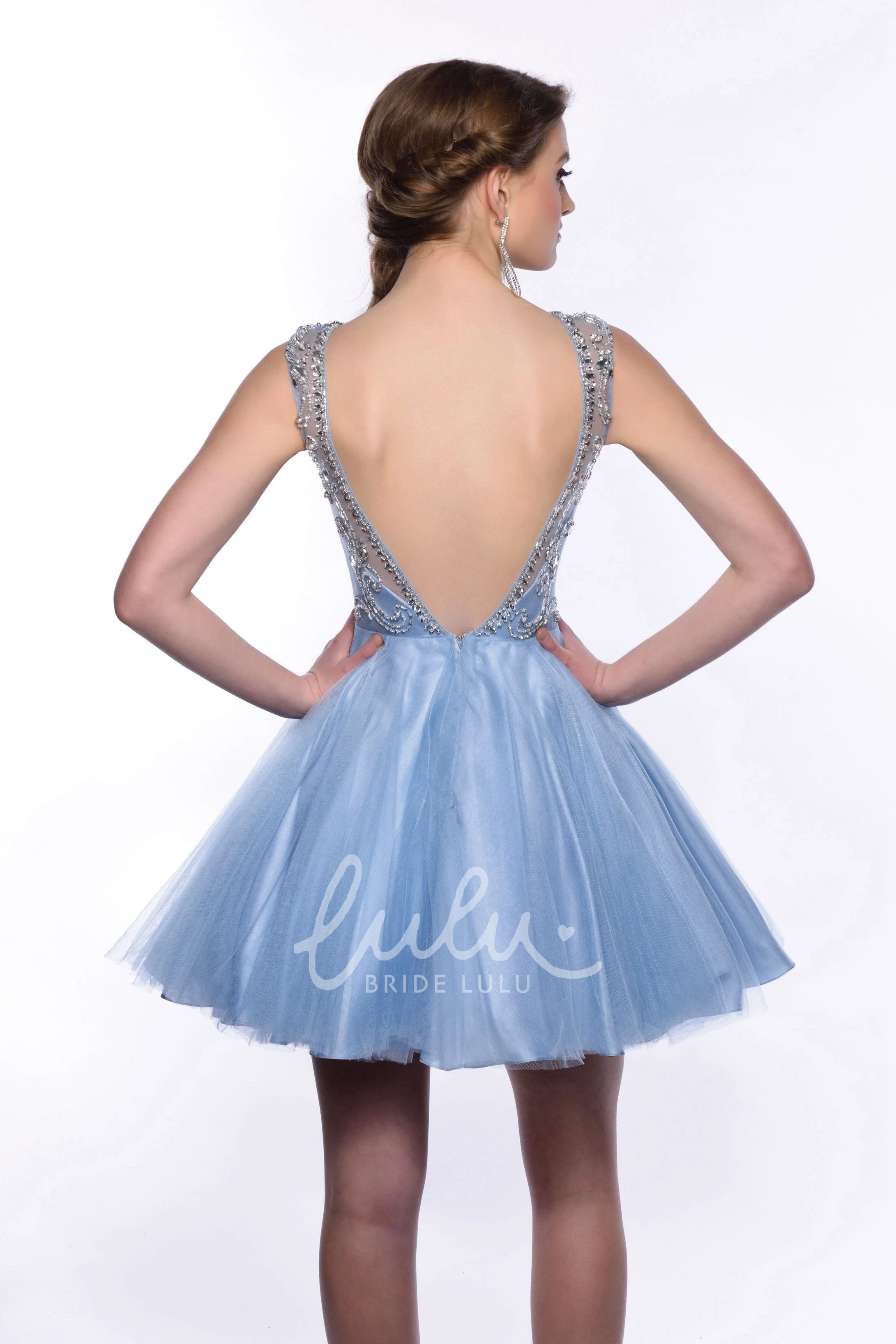 Beaded Tulle A-Line Homecoming Dress with Deep V-Back Elegant Prom Dress