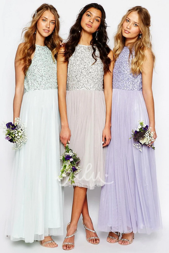 Sequined A-Line Tulle Bridesmaid Dress with Pleats Tea-Length Sleeveless