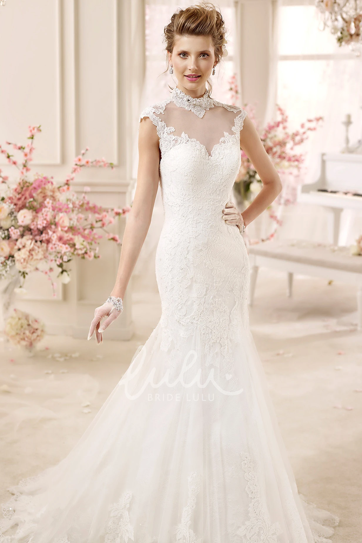 High-Neck Cap-Sleeve Mermaid Wedding Dress with Open Back and Illusive Design