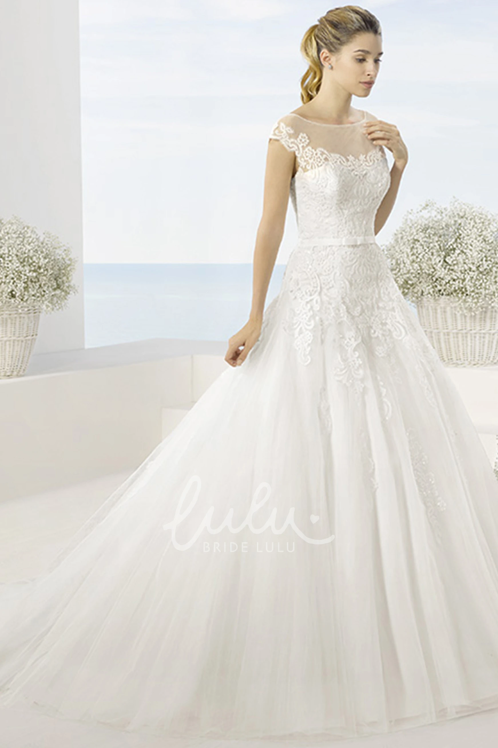 Scoop-Neck Tulle Wedding Dress with Short Sleeves and Illusion + Ball Gown + Waist Jewelry
