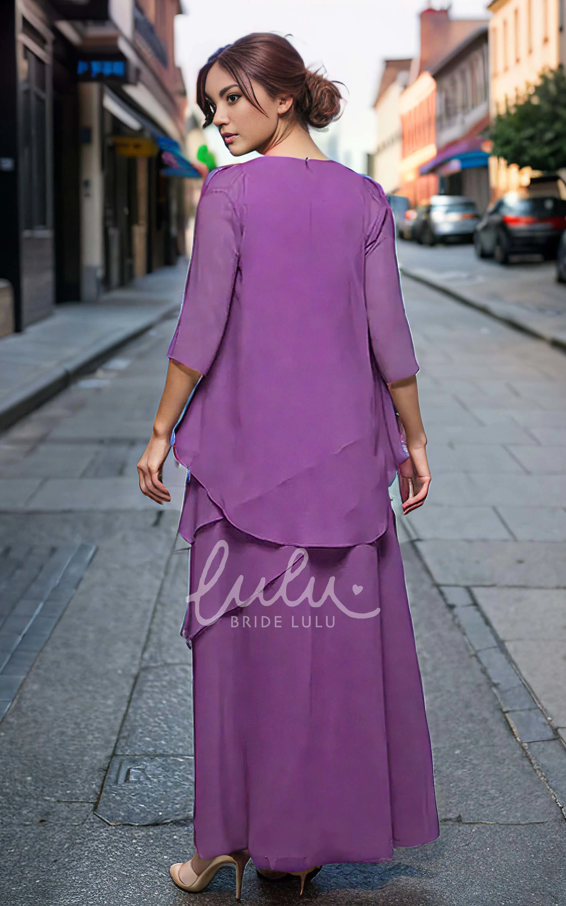 MOB Plus Size Two Piece Half Sleeve Casual Crew Neck Two Piece Half Sleeve Chiffon Tiered Mother Dress