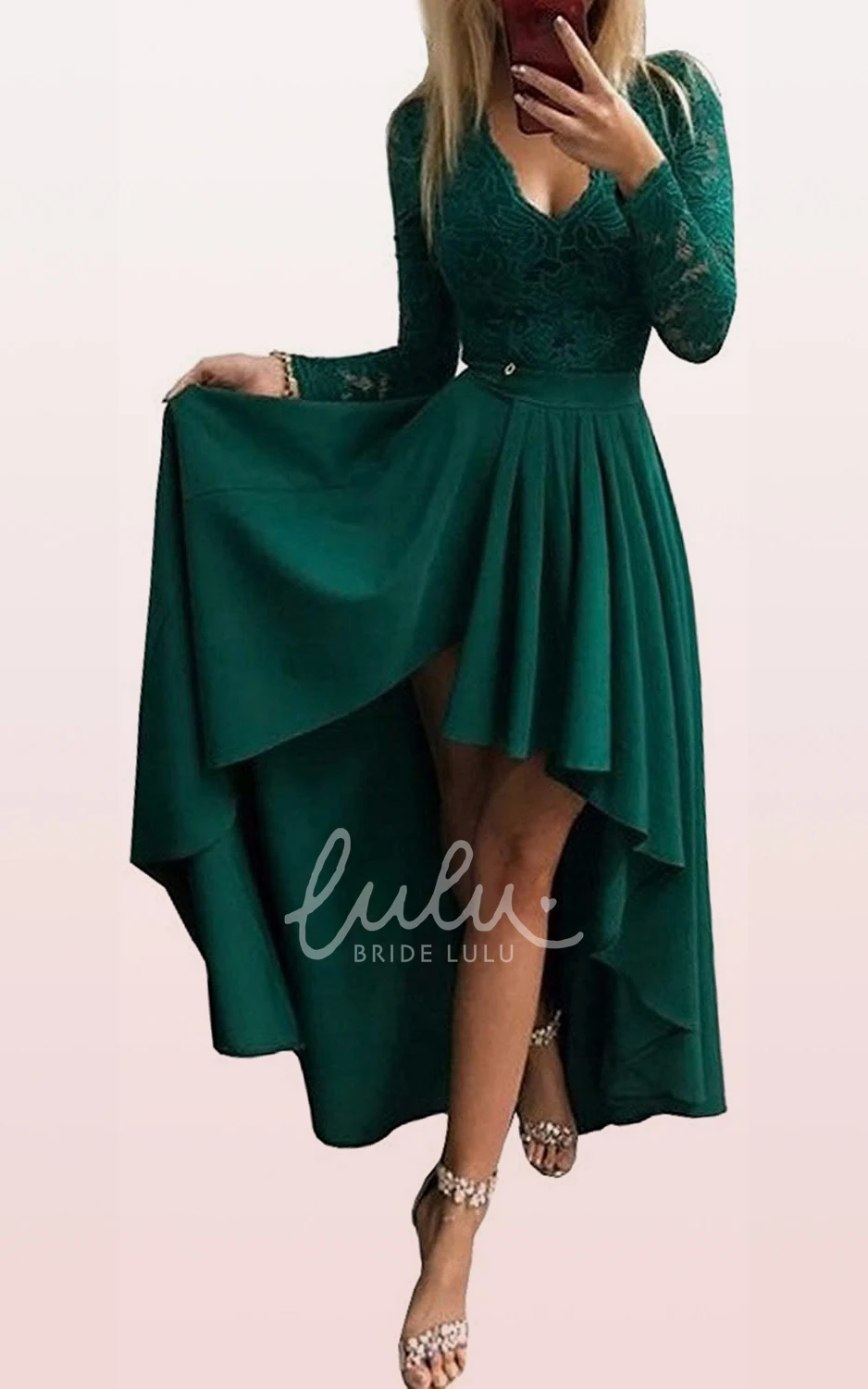 Long Sleeve Lace Taffeta Illusion Formal Dress with Ruffles