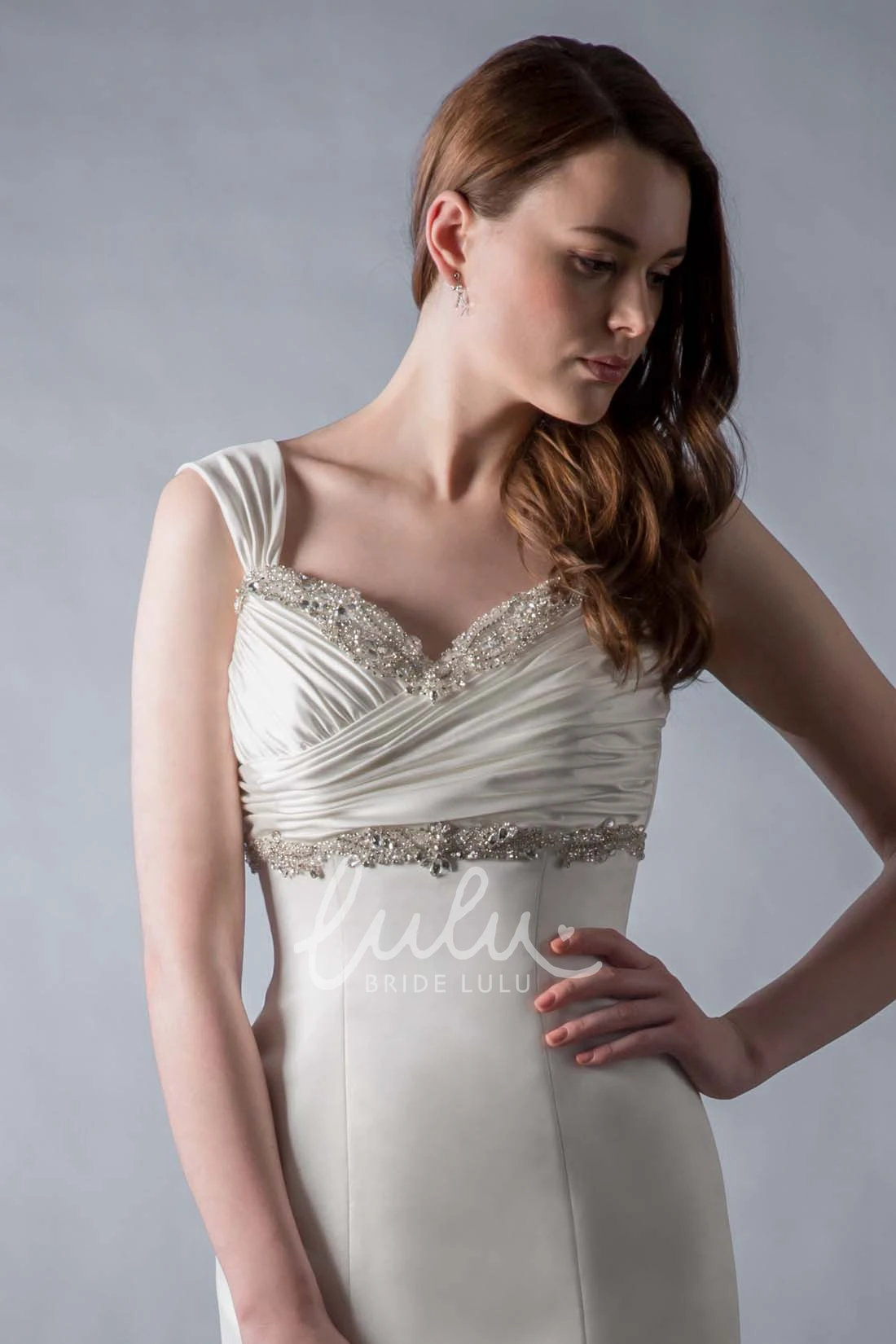 Sheath Satin Wedding Dress Floor-Length Sleeveless Ruched Beading