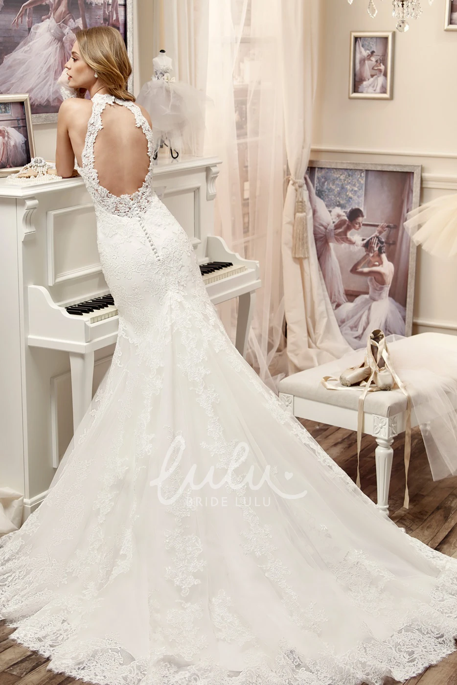 Lace Mermaid Wedding Dress with High Neck and Brush Train Elegant Bridal Gown