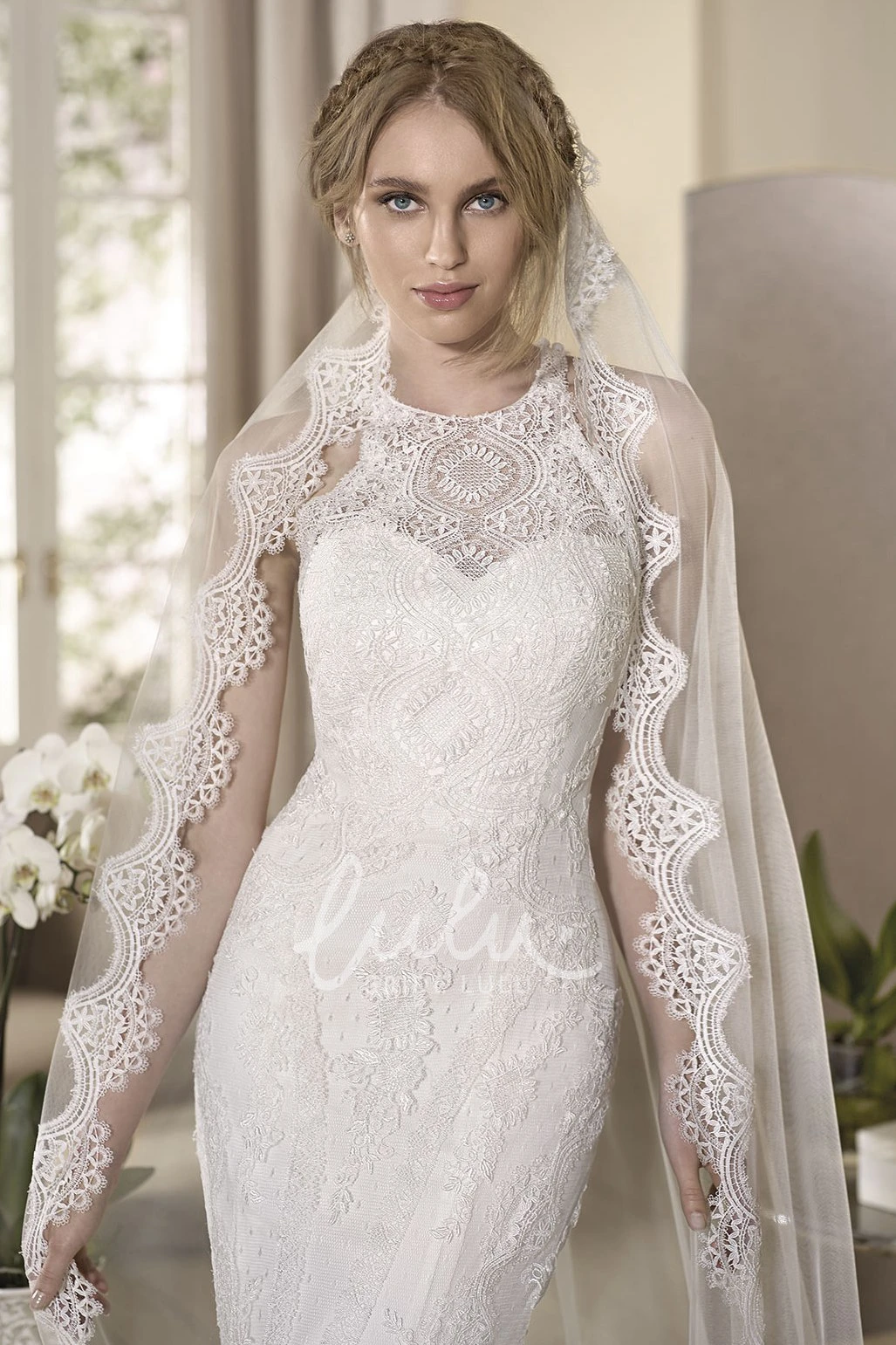 High-Neck Lace Appliqued Sleeveless Sheath Wedding Dress Classy Bridal Gown