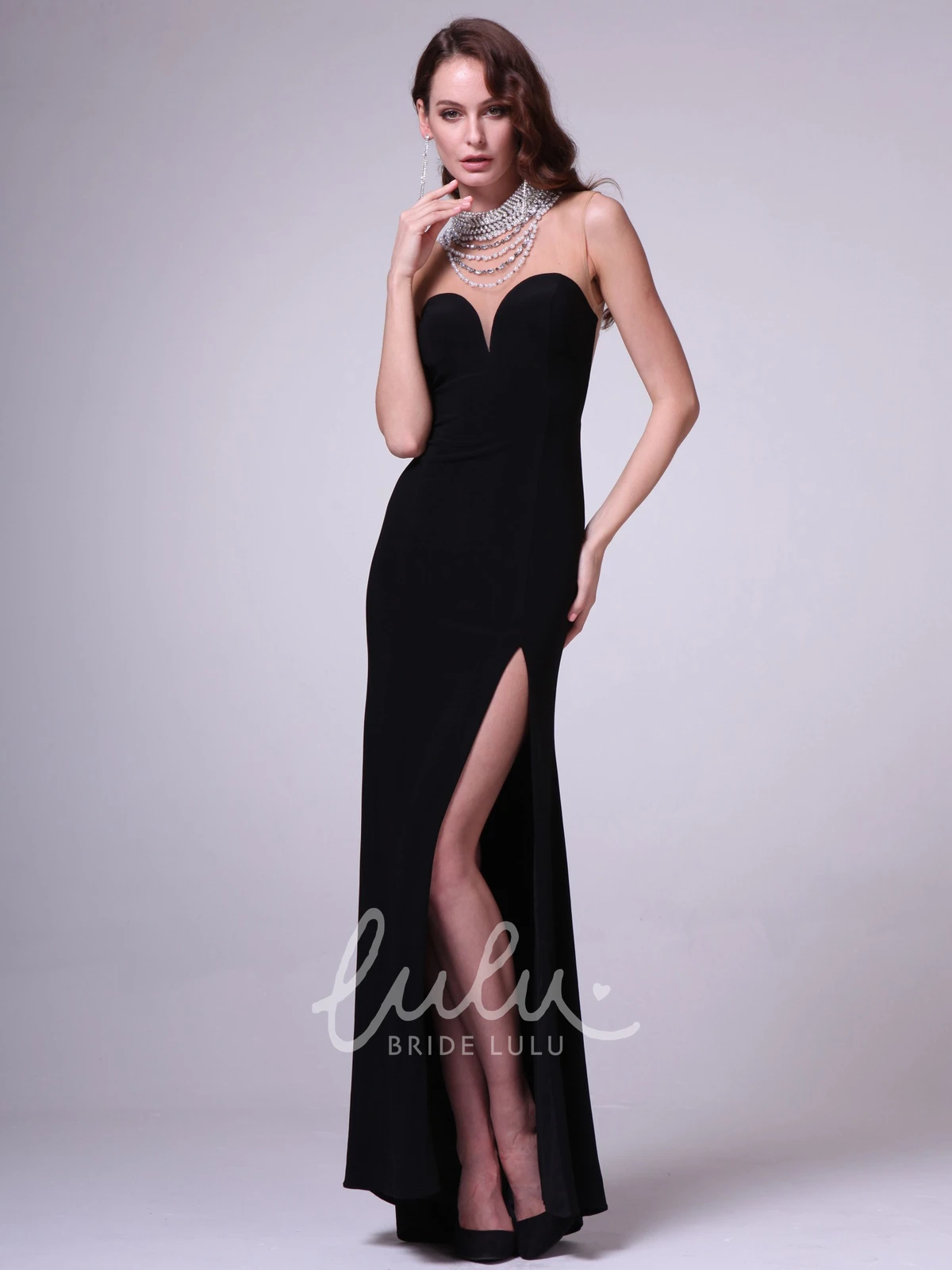 High Neck Sleeveless Jersey Formal Dress with Beading and Split Front