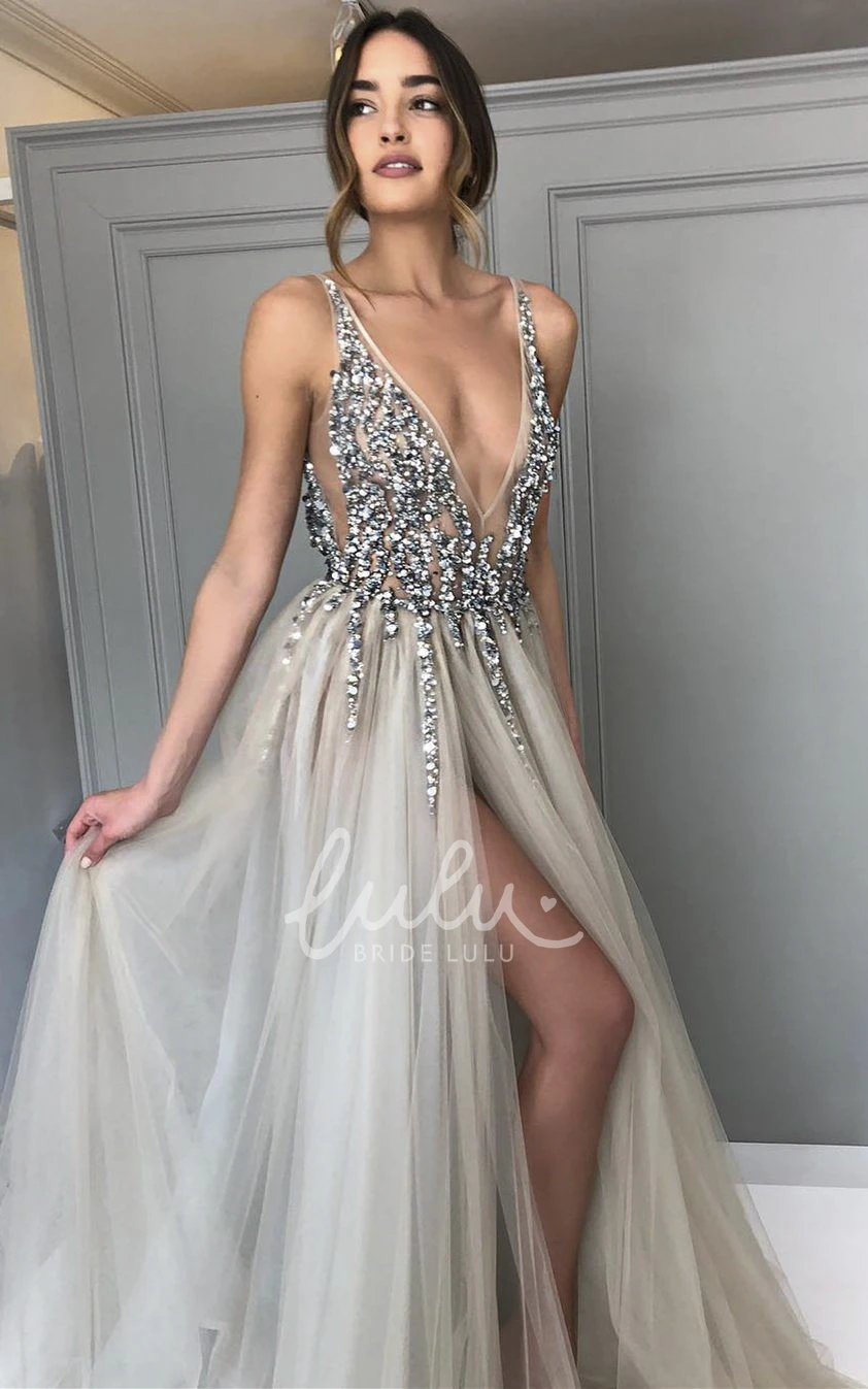 Sleeveless V-neck Tulle A-line Prom Dress with Beading Glamorous