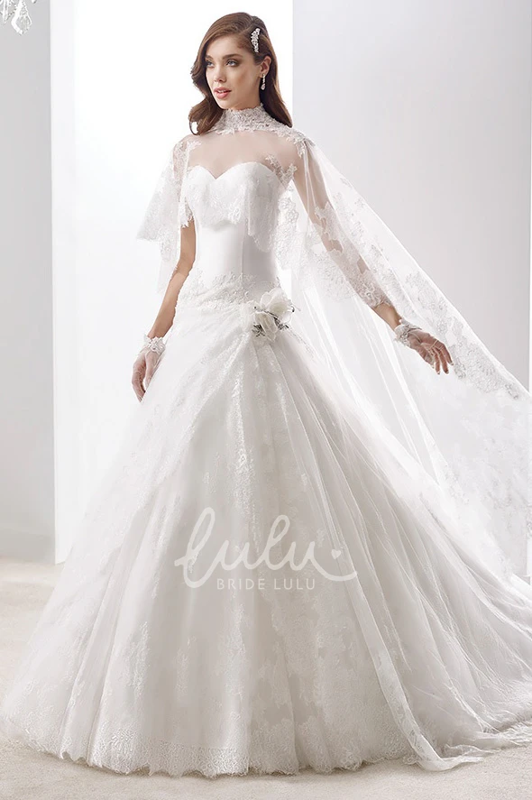 Side Floral Ruffles High-Neck Cape-Train A-line Wedding Dress