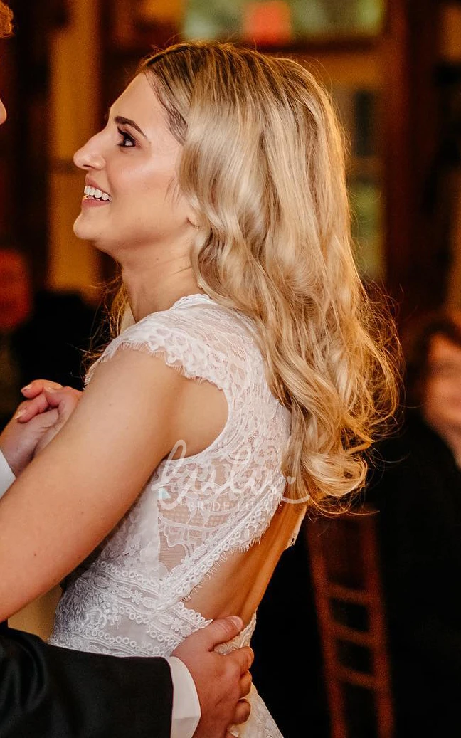 Sexy A-Line Lace Appliques Keyhole Back Bell Sleeves Country Wedding Dress with Sweep Train