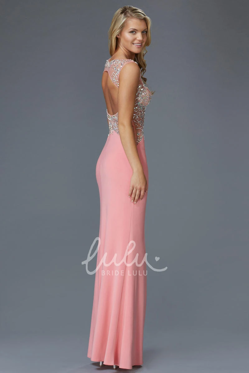 Sleeveless Jersey Keyhole Formal Dress with Beading Sheath Long V-Neck