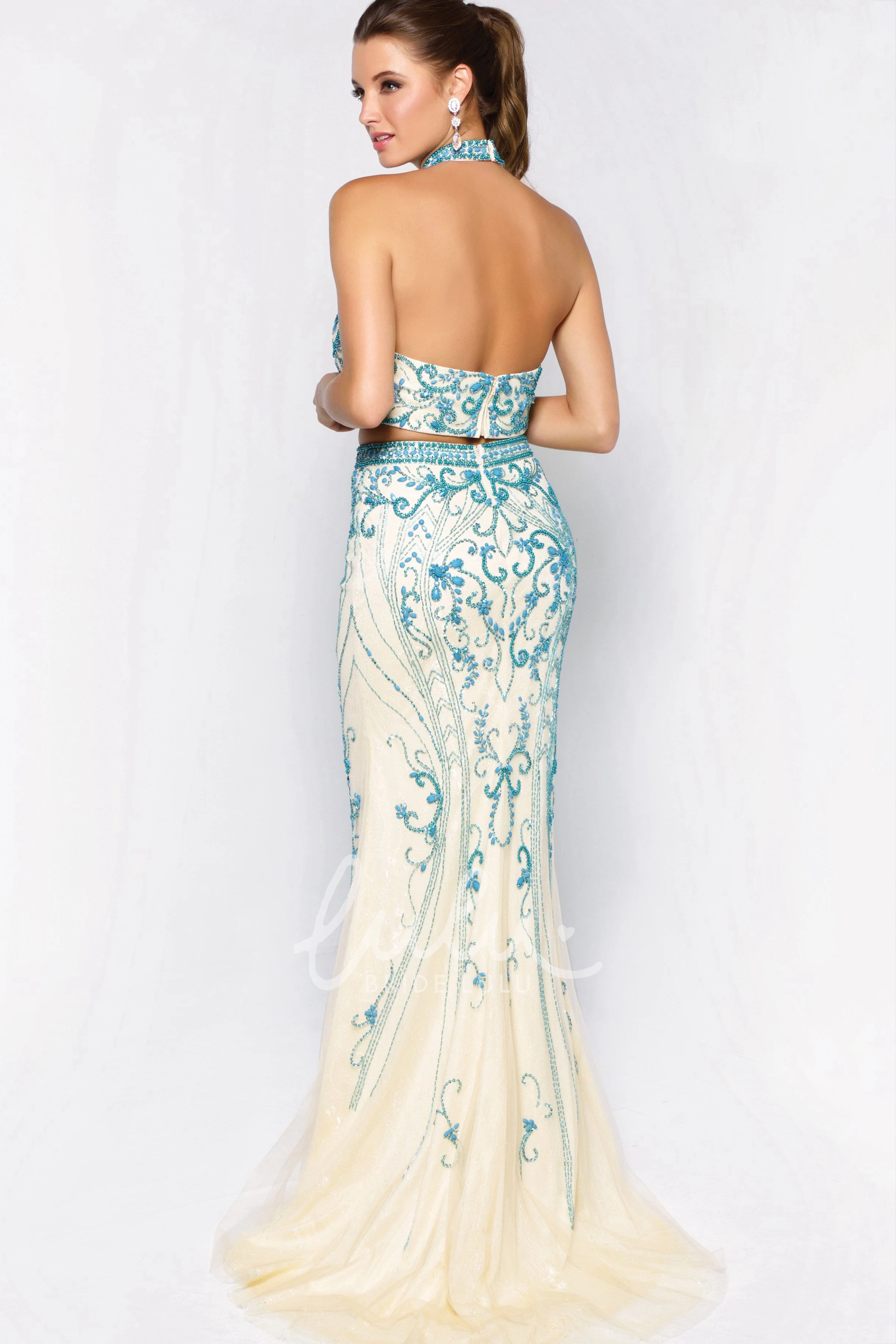 Lace High Neck Sleeveless Sheath Formal Dress with Beading and Pleats