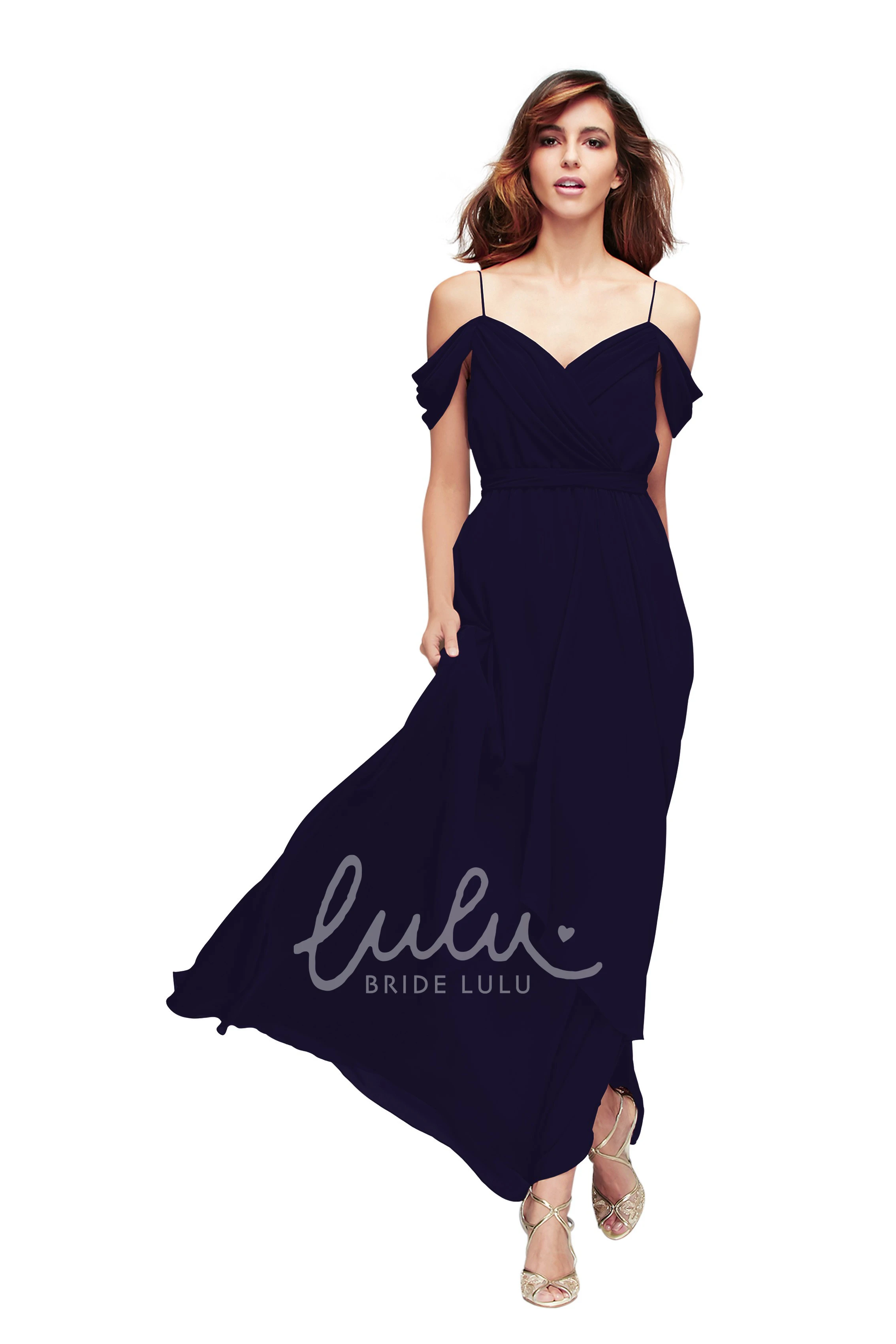 Ruched Spaghetti Chiffon Bridesmaid Dress Sleeveless Multi-Color Convertible