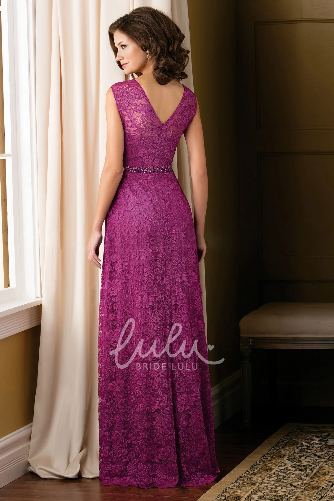 V-Back Lace Mother Of The Bride Dress with Beadings in Cap Sleeves