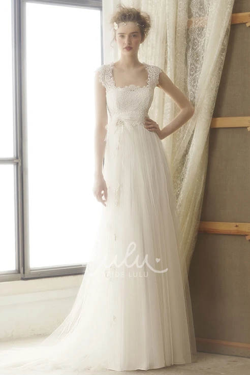 Empire Square Neckline Lace Tulle Wedding Dress with Brush Train