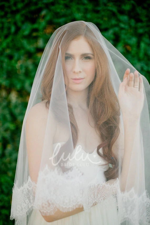 Long Trailing Soft Veil with Lace Edge Lace Applique Wedding Dress Accessory