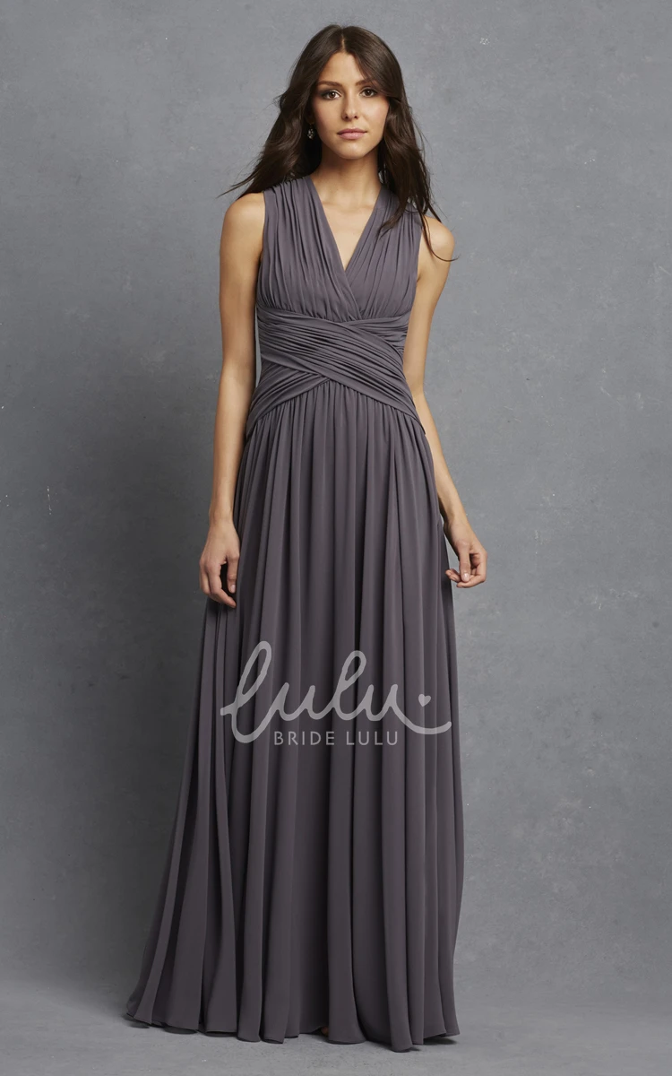 V-Neck Sleeveless Chiffon Dress with Ruching and Crisscross Detail