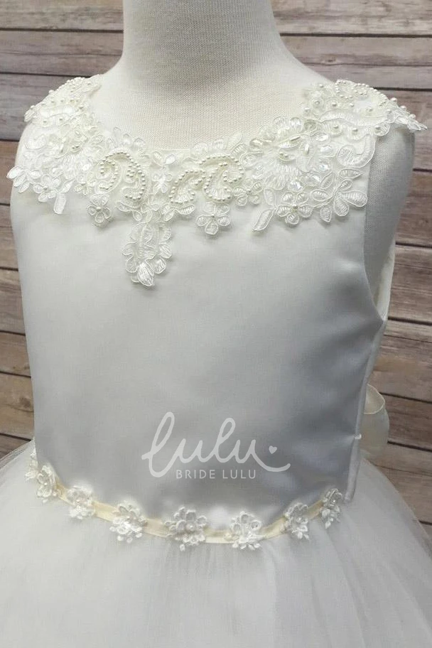 Beaded Appliqued Tea-Length Floral Flower Girl Dress Tulle & Sequins