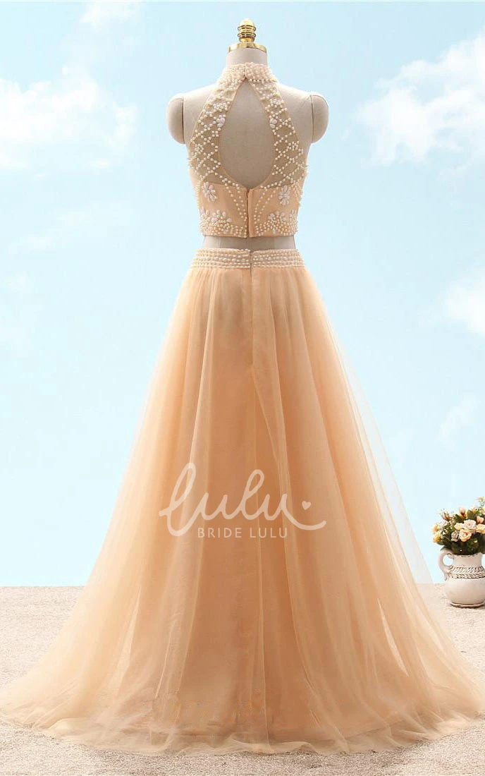 High Neck Sleeveless Tulle Beading Formal Dress A-Line