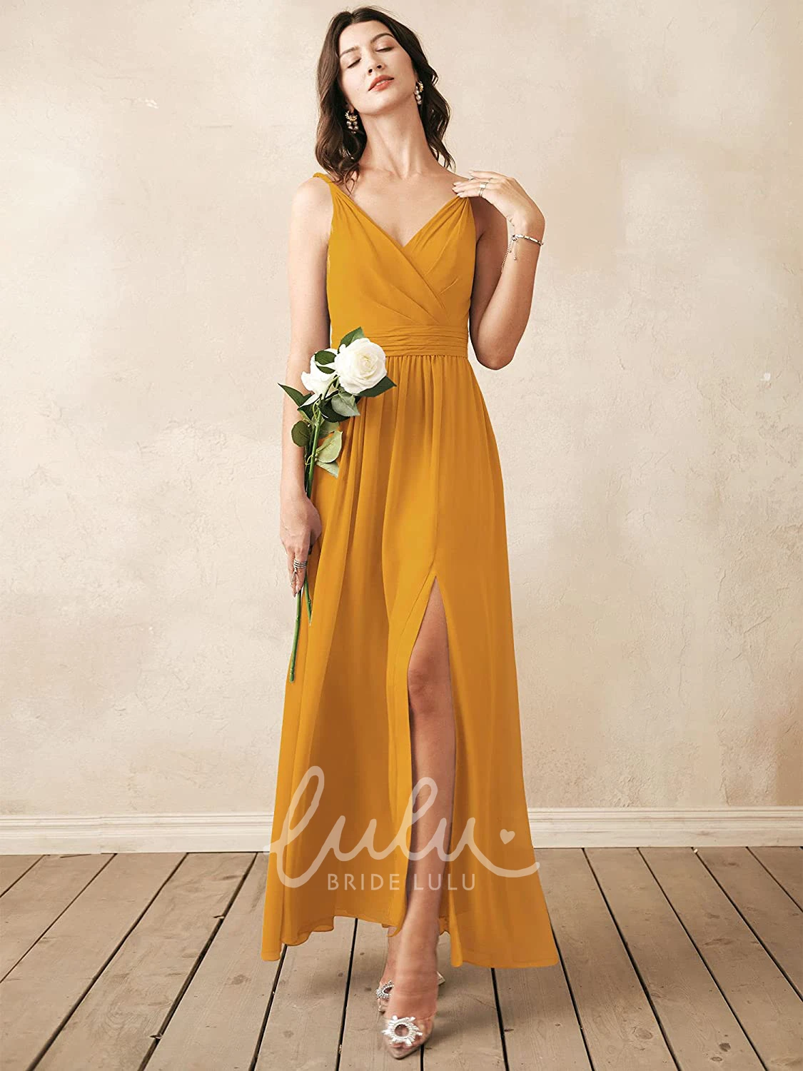 V-Neck Chiffon Ankle-Length Bridesmaid Dress with Ruching Sexy & Elegant