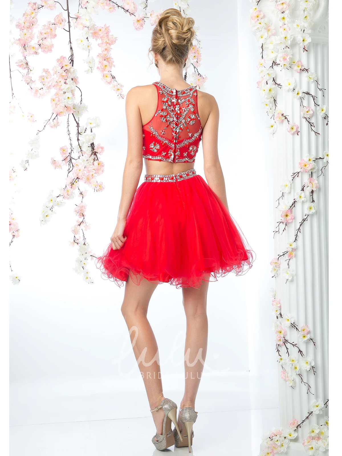 Short Sleeveless Tulle Illusion A-Line Formal Dress with Ruffles and Beading