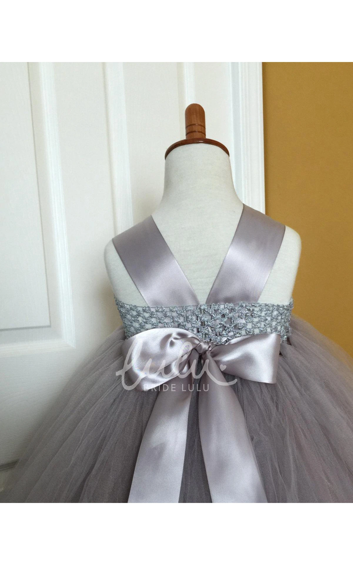Gray Chiffon Ballerina Rhinestone Flower Lace Strap Tulle Tutu Dress