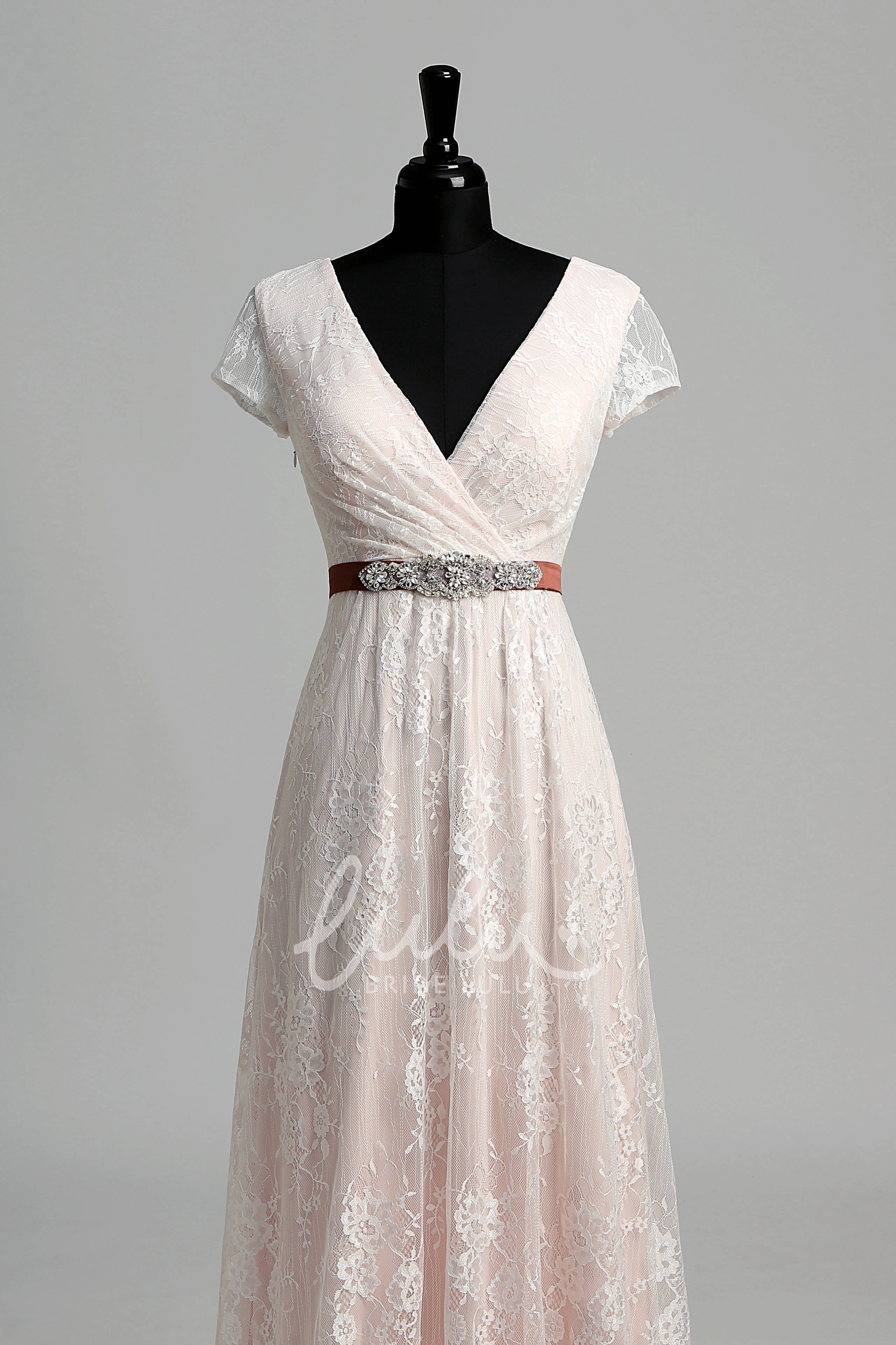 Lace A-Line Beach Wedding Dress with Sash Ribbon and Beading
