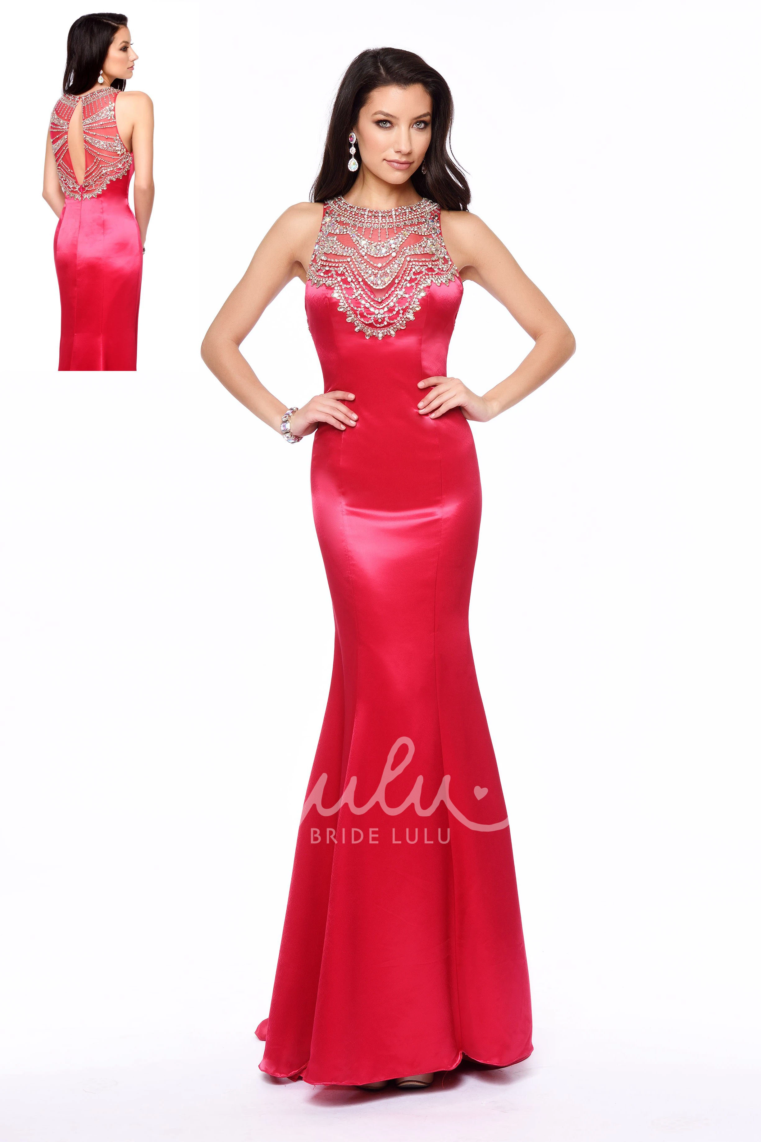 Jewel-Neck Sleeveless Satin Sheath Formal Dress with Beading