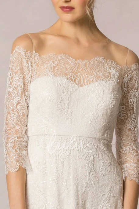 Off-Shoulder Lace Sheath Wedding Dress with 3/4 Sleeves