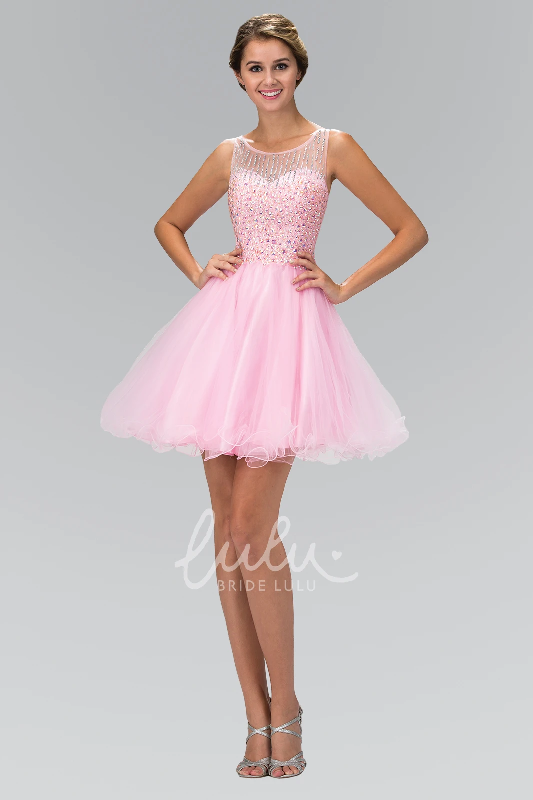 Illusion A-Line Tulle Dress with Beading and Ruffles Mini Bridesmaid Dress