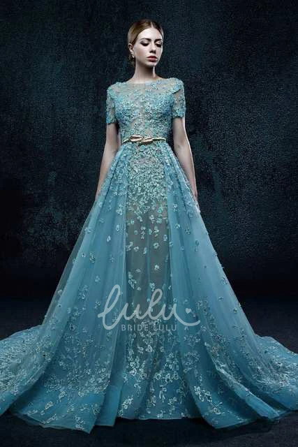 Pleated Organza A-line Dress with Flowers Short Sleeve