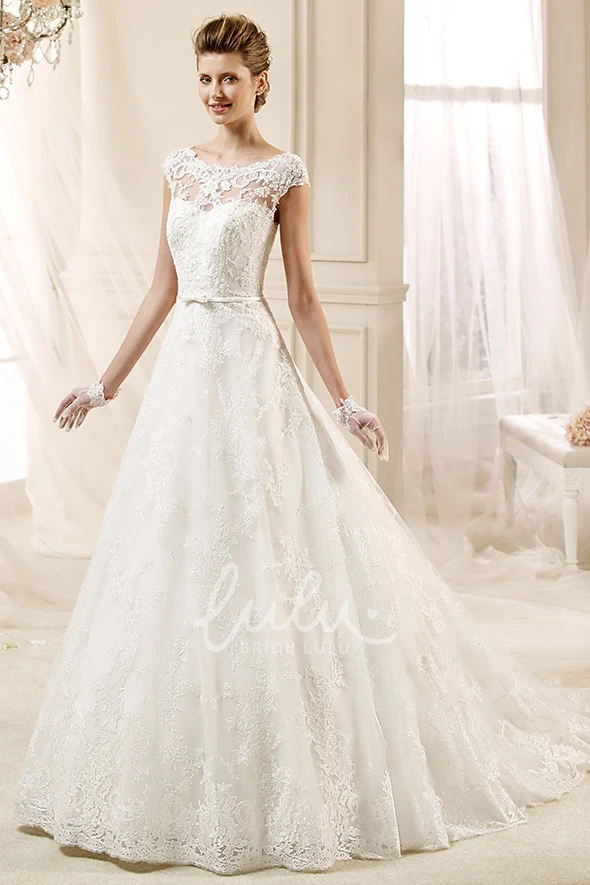 A-line Lace Wedding Gown with Cap Sleeves Appliques and Jewel Neckline