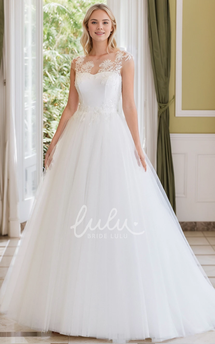 Romantic Adorable A-Line Jewel Sweetheart Neck Sleeveless Lace Appliques Tulle Spring Wedding Dress Vintage Elegant Floor-length Sweep Train Button Illusion Back Bridal Gown