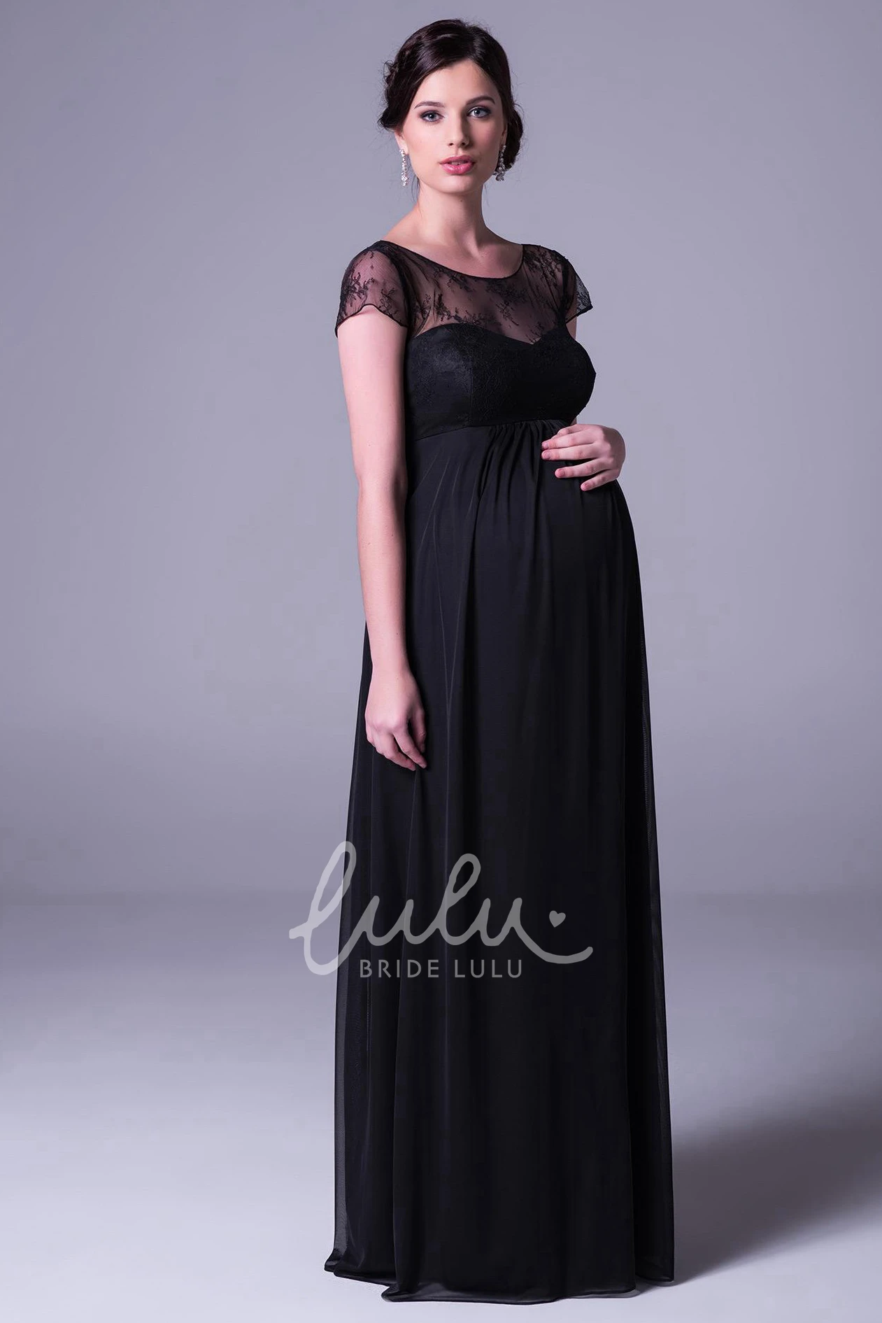 Empire Lace Chiffon Maxi Bridesmaid Dress with Cap Sleeves Modern Bridesmaid Dress