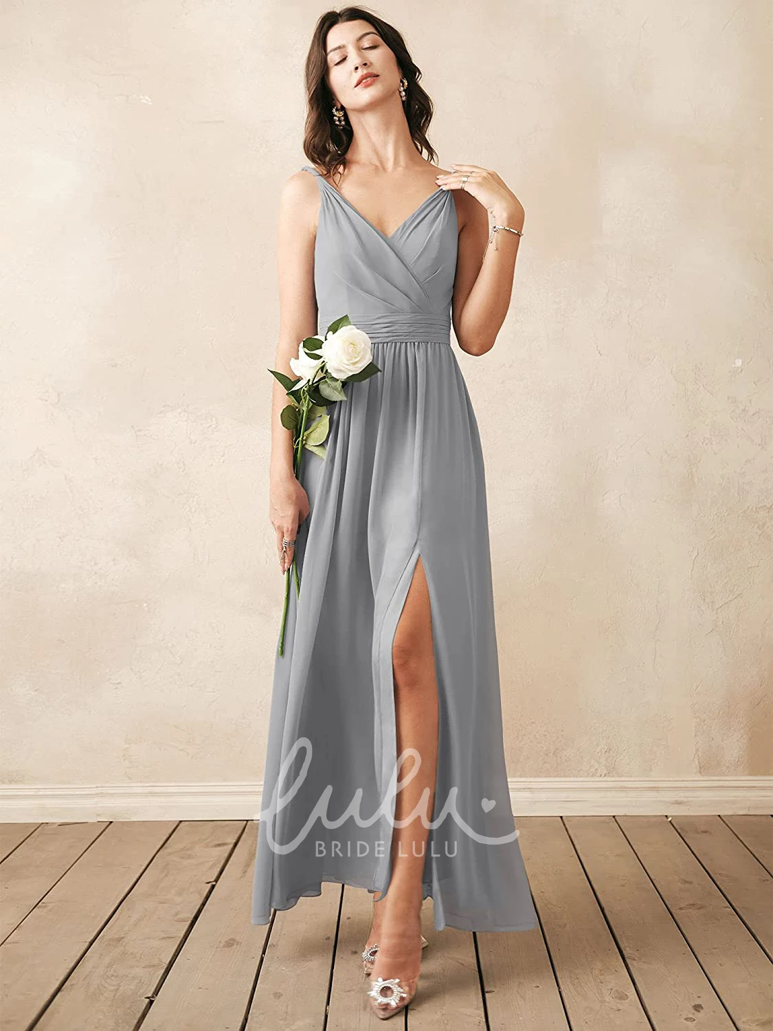 V-Neck Chiffon Ankle-Length Bridesmaid Dress with Ruching Sexy & Elegant