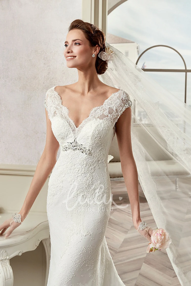 Cap Sleeve Lace Open Back Wedding Dress with Brush Train Classy and Modern