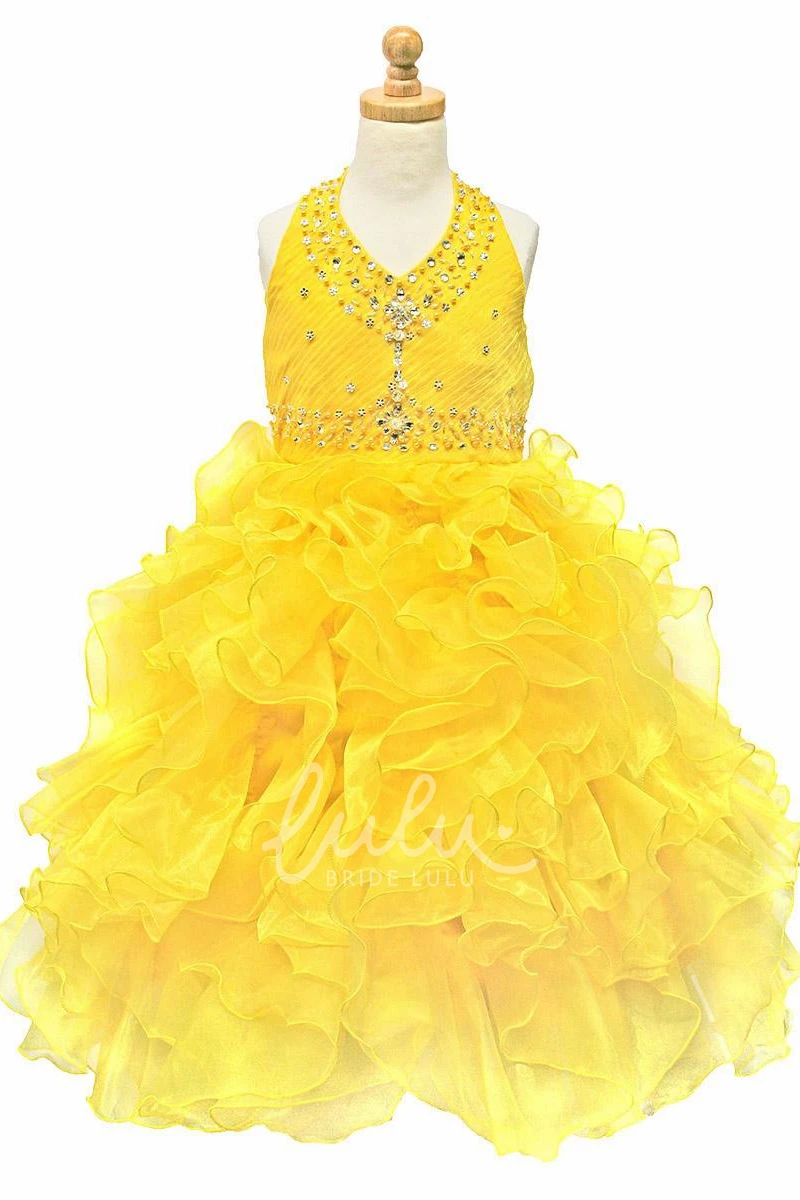 Ruffled Tea-Length Flower Girl Dress with Sequins and Ribbon Glamorous and Flowy