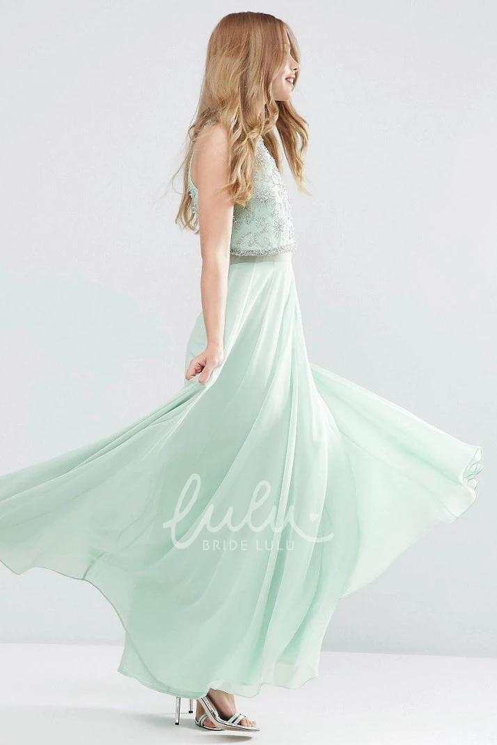 Sleeveless Jewel Neck Beaded Chiffon Bridesmaid Dress with Pleats Flowy Bridesmaid Dress