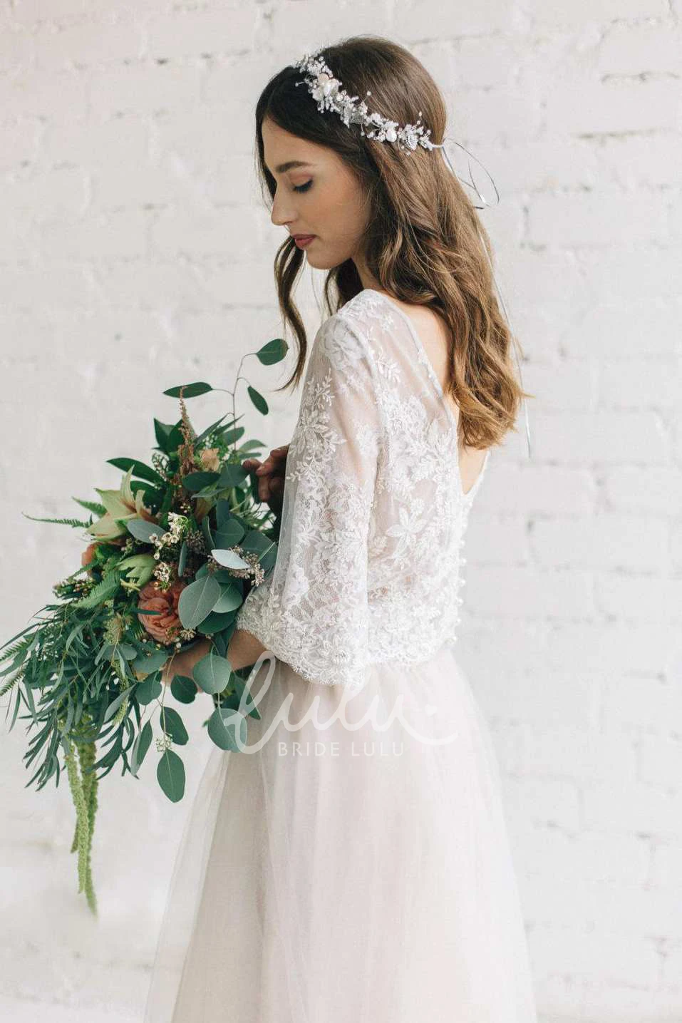 A-Line Tulle Dress with Low-V Back Bateau Half Sleeve Lace Romantic